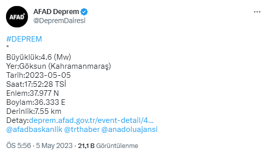 4.6 büyüklüğünde deprem meydana geldi