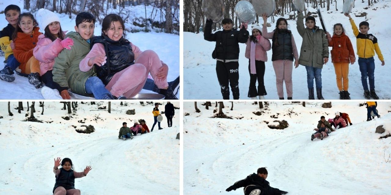 Şırnaklı Çocuklar Karda Leğenle Kaymanın Keyfini Çıkardı