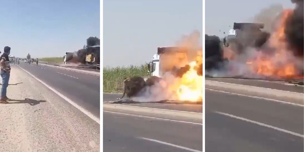 Seyir halindeki saman yüklü tır alev alev yandı: Araç kullanılmaz hale geldi