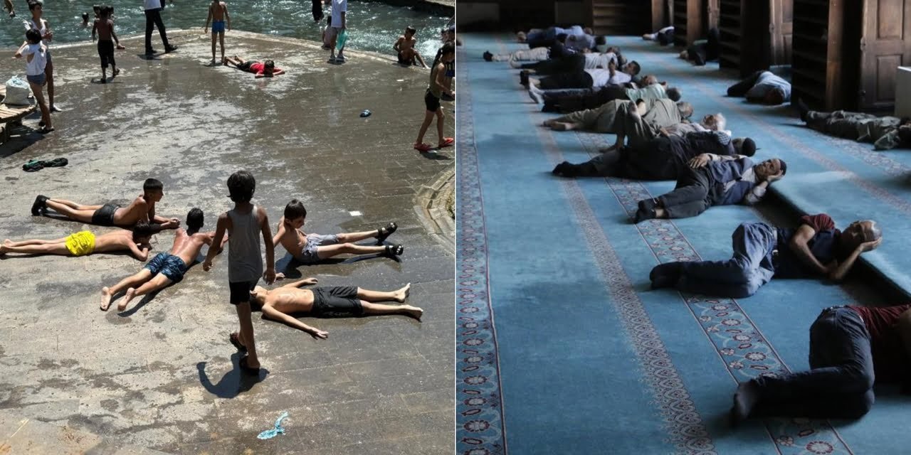 Hava sıcaklığı 50 dereceye dayandı! Çocuklar havuza, büyükler camiye koştu