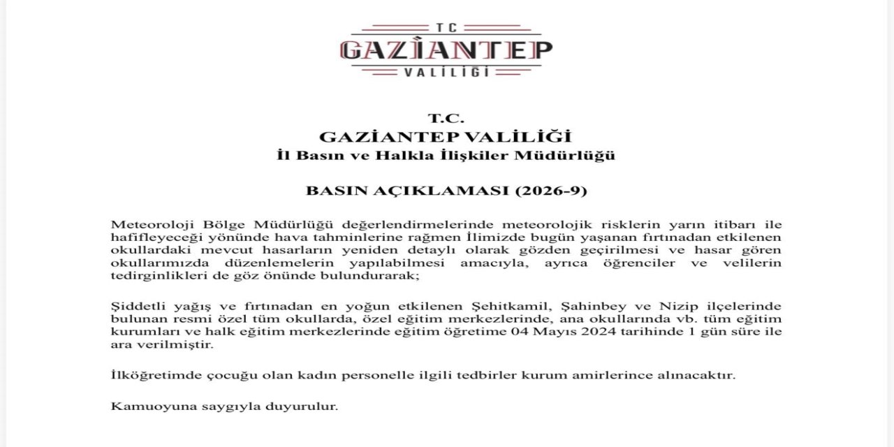 Gaziantep’te Fırtına Sonrası Okullar Tatil Edildi