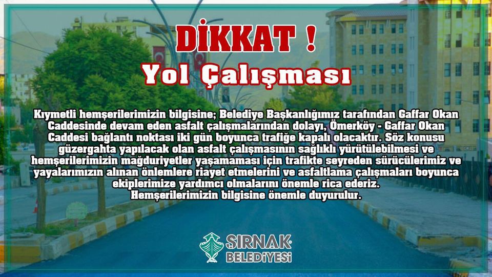 ŞIRNAK BELEDİYESİNDEN DUYURU