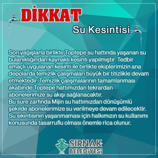 Şırnak Belediyesinden Su Kesintisi Uyarısı