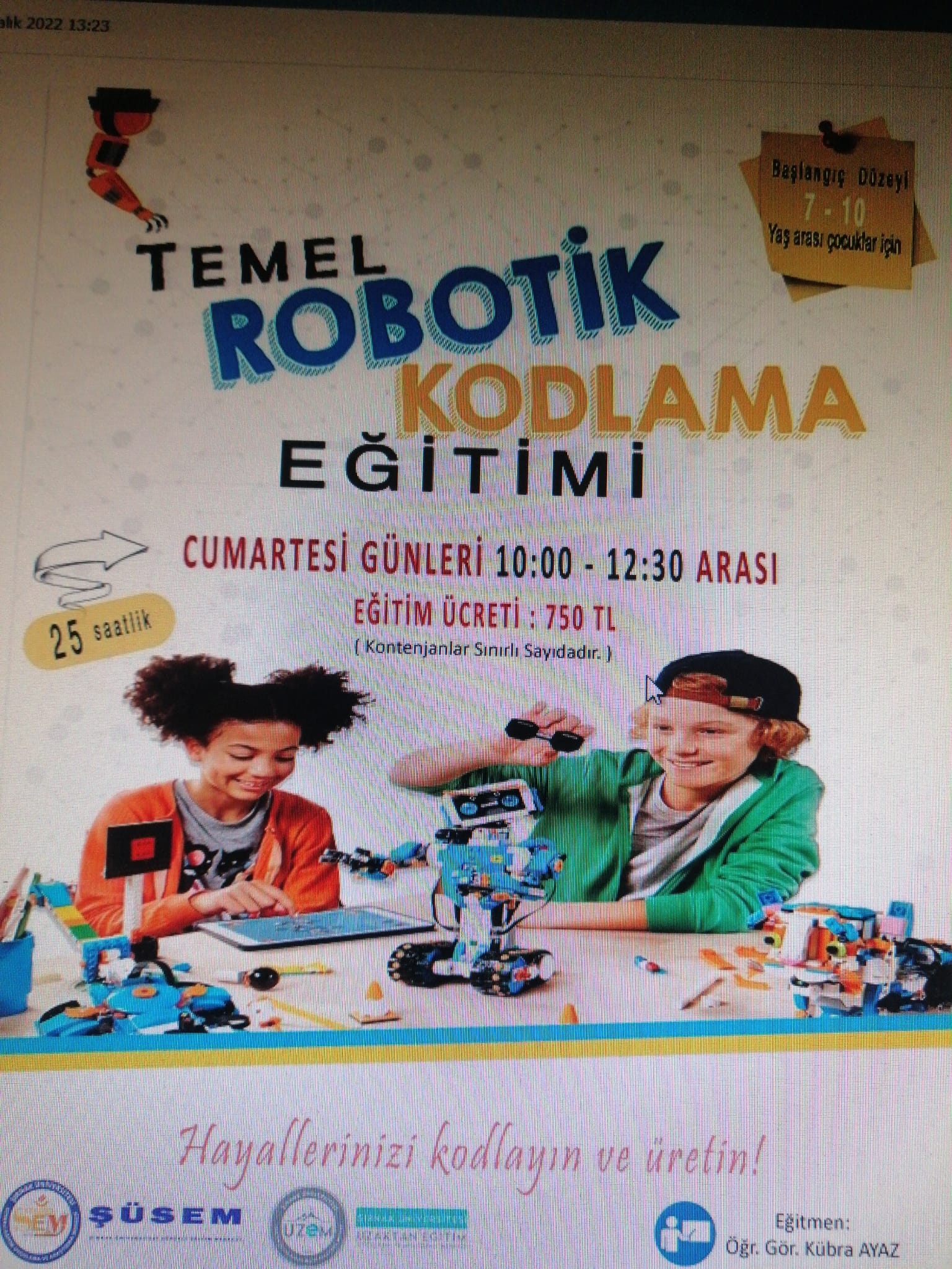 Şırnak Üniversitesi 7-10 Yaş Grubu Temel Robotik Kodlama Eğitimi Verecek